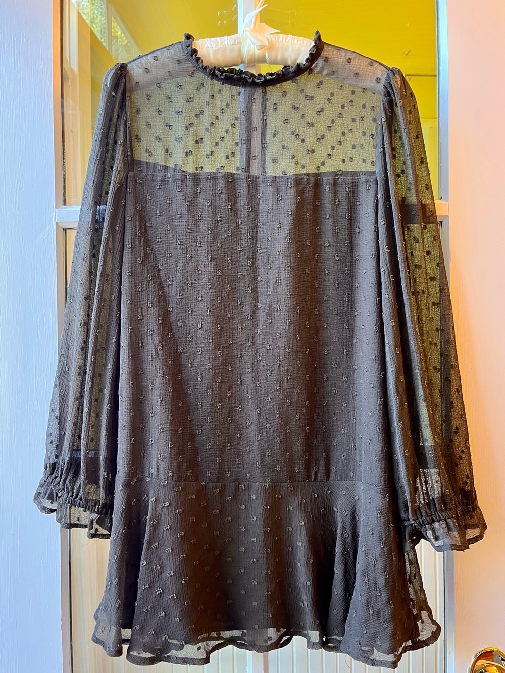Zara Dark Brown Swiss-Dot Long Sleeve Mini Dress Puff Shoulder Baby Doll
